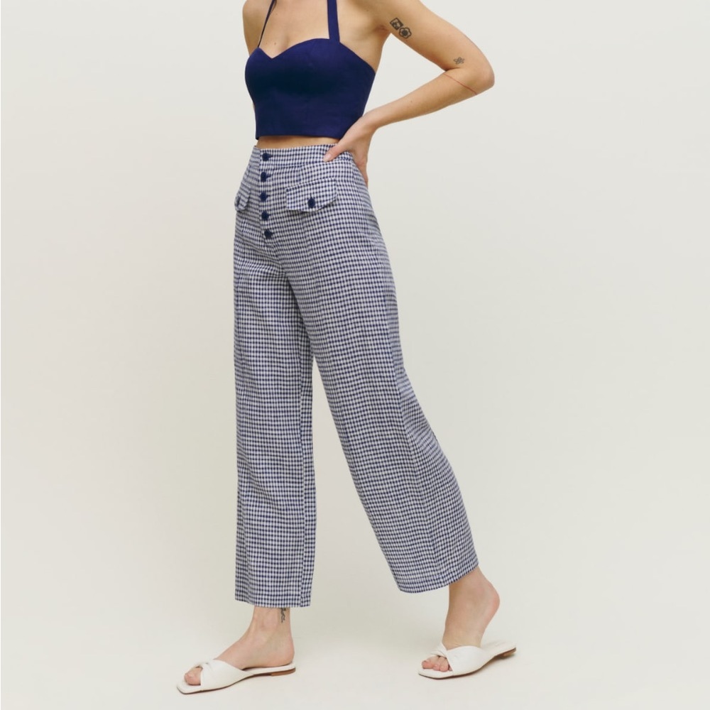 Reformation Carly Linen Pant in Challah Check Size 4